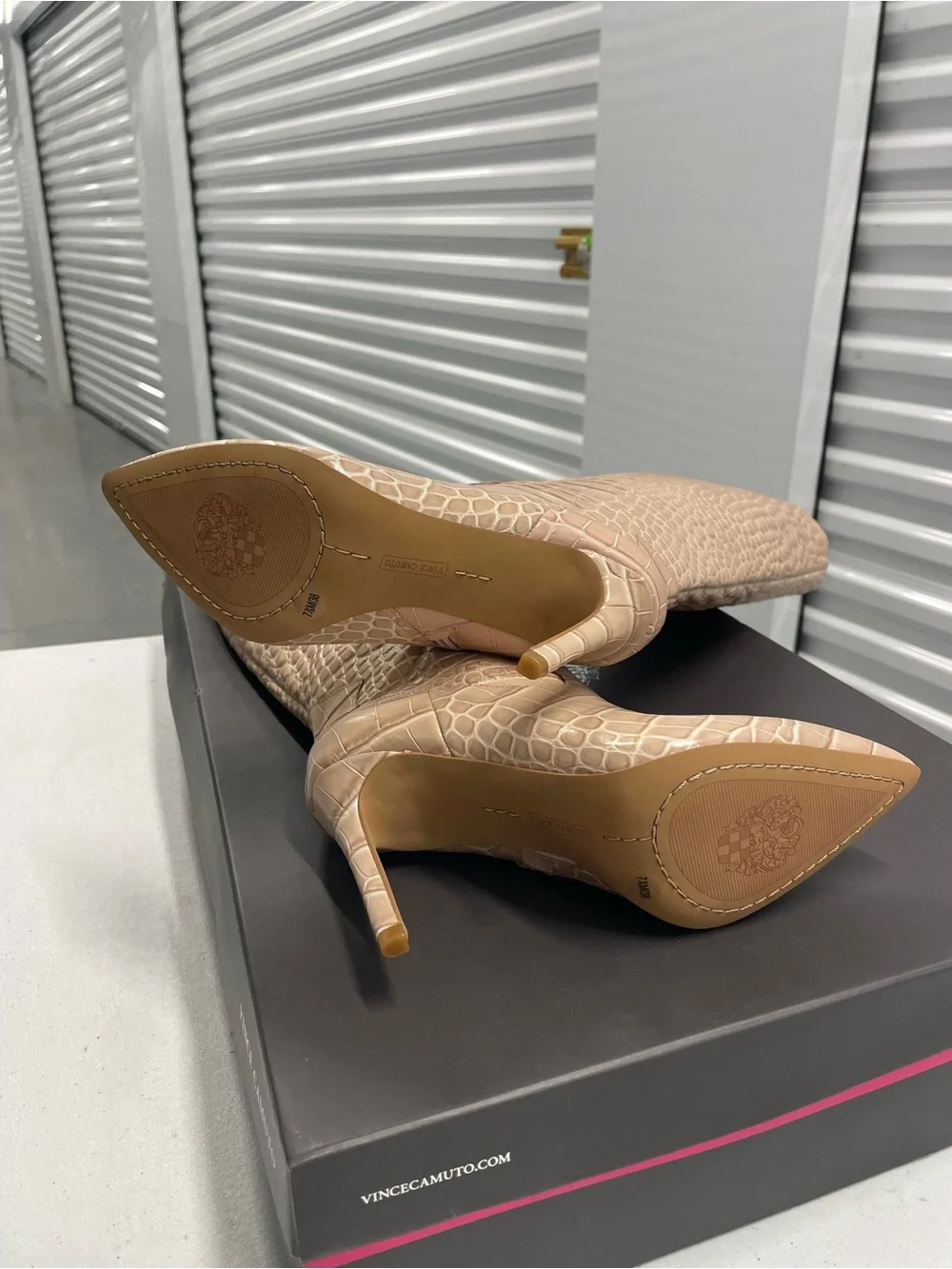 Vince Camuto Beige Croc-Embossed Over-the-Knee Pointed-Toe Stiletto Boots